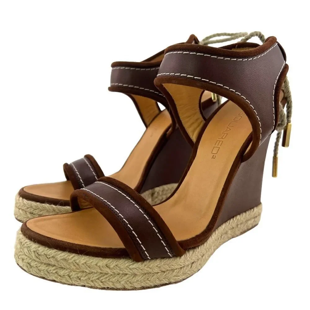 New DSQUARED2 Women US 8 Shoes Brown Leather Sandals Back Laced Platform Wedge